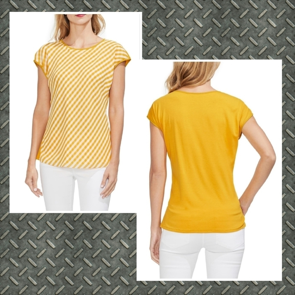 NWT Sz XXS Vince Camuto Gingham Sunrise Bay Cap Sleeve Blouse